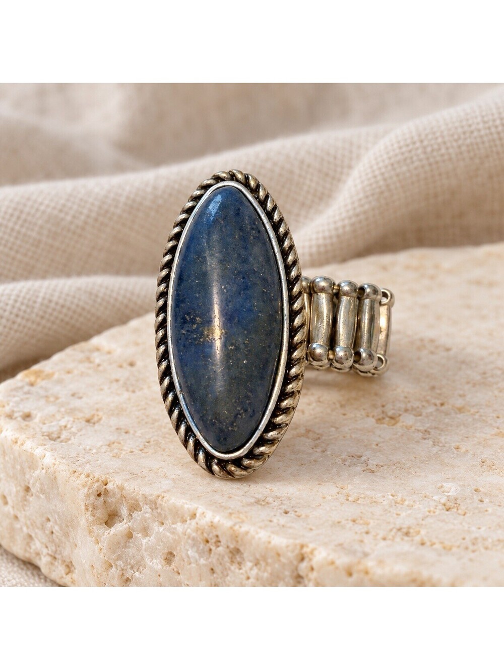Silver-Tone Stretch Ring with Elongated Dark Blue Stone & Rope Detail